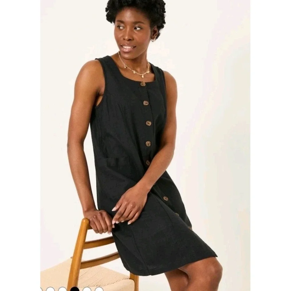 FatFace Binny Black Button Linen Dress Cottagecore L Quiet Luxury‎